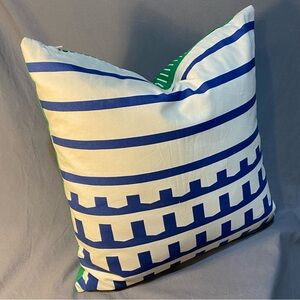 IKEA Green and Blue Striped Pillow Case Covering a Duck Feather Pillow